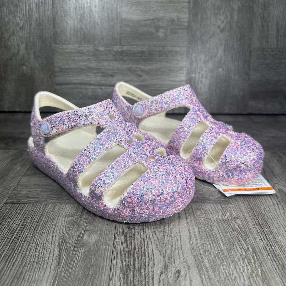 Crocs Fisherman Sandal Kids C11 Pink Glitter Sparkly Lightweight NEW